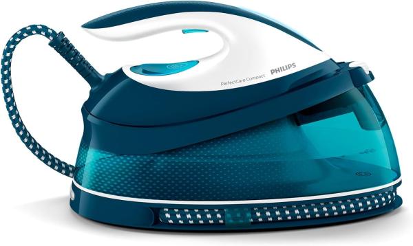 Image Centrale Vapeur Philips GC7844/20 PerfectCare Compact Plus - 2400W, 400g, Pression de 6,5 bars, Technologie OptimalTEMP - Bleu/Blanc
