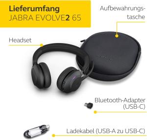 Image Casque Audio PC Sans Fil Jabra Evolve2 65 - Anti-Bruit - Certifié Microsoft Teams - Adaptateur Bluetooth USB-C - Noir