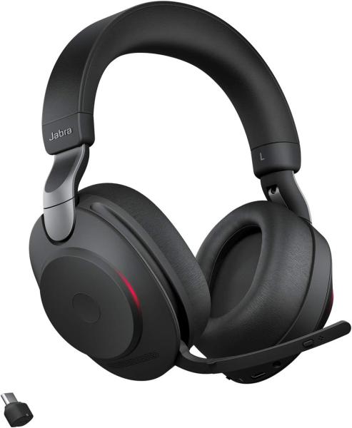 Image Casque Audio PC Jabra Evolve2 85 - Certifié UC avec Réduction du Bruit et Batterie Longue Durée - Adaptateur Bluetooth USB-C - Noir