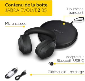 Image Casque Audio PC Jabra Evolve2 85 - Certifié UC avec Réduction du Bruit et Batterie Longue Durée - Adaptateur Bluetooth USB-C - Noir