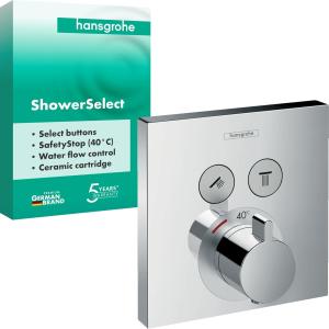 Image Mitigeur thermostatique hansgrohe 15763000  ShowerSelect SafetyStop - Thermostat carré, 2 sorties, Chromé