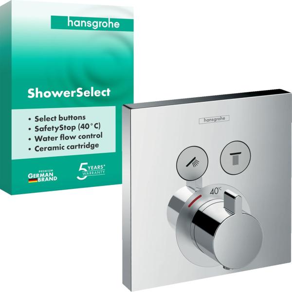 Image Mitigeur thermostatique hansgrohe 15763000  ShowerSelect SafetyStop - Thermostat carré, 2 sorties, Chromé