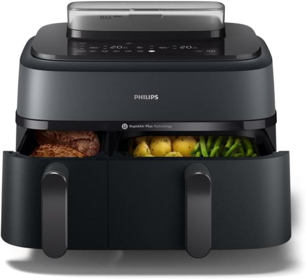 Image AirFryer Philips NA550/00 Série 5000 AirSteam RapidAir Plus - Double Panier avec cuisson vapeur - 9L + accessoires  - Noir