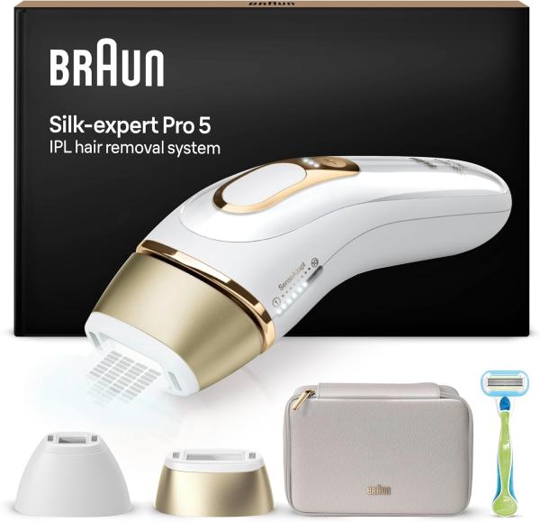 Image Épilateur À Lumière Pulsée Braun PL5152 Silk·expert Pro 5 + Pochette, Tête De Précision, Rasoir Venus Doré/Blanc