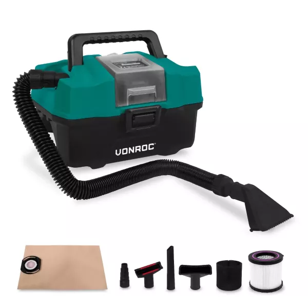 Image Vonroc VC508DC - Aspirateur multi-usage portatif 20V - Tuyau, Embouts, Suceur plat, Filtres HEPA, Sac à poussière