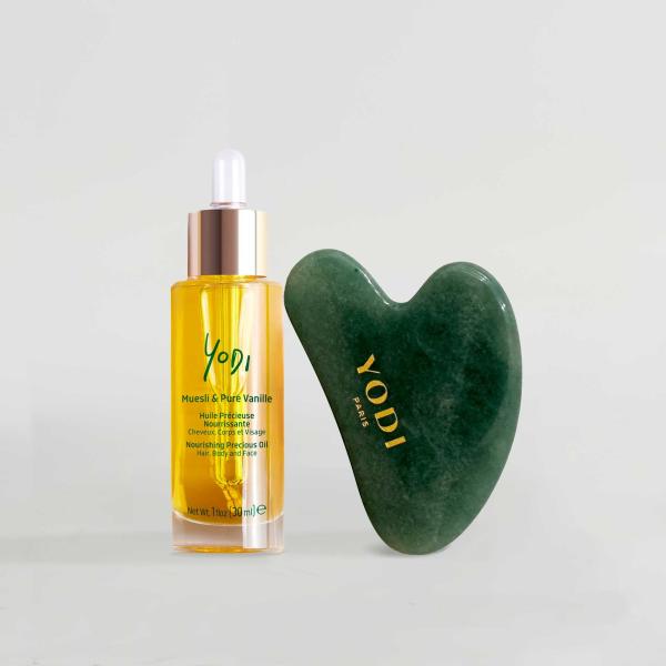Image Pack Yodi - Routine Gua Sha Anti Relâchement & Nutrition - Huile Précieuse Muesli & Pure Vanille et le Gua Sha en pierre de Jade Vert - Peaux normales à sèches