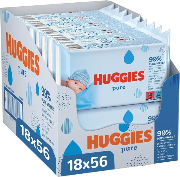 Image Pack 1008 lingettes Huggies lingettes bébé Pure - 18 paquets de 56 lingettes - 99% d'eau pure - sans parfum - fibres naturelles