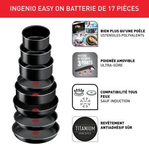 Image Set 17 Pièces Tefal L1599702 Ingenio Easy On - Batterie de cuisine - Poêles, Casseroles, Wok, Sauteuse - Noir