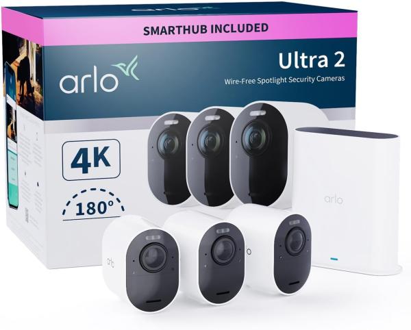 Image Pack 3 Caméras Arlo Ultra 2 4K avec Smarthub - Surveillance Video WiFi - Vision nocturne couleur, Detecteur de mouvement - Blanc