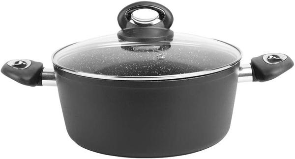 Image Faitout Sitram 711707 - 24cm en aluminium forgé revêtement noir anti-adhérent sans PFOA - Couvercle en verre - Induction - Aspect pierre