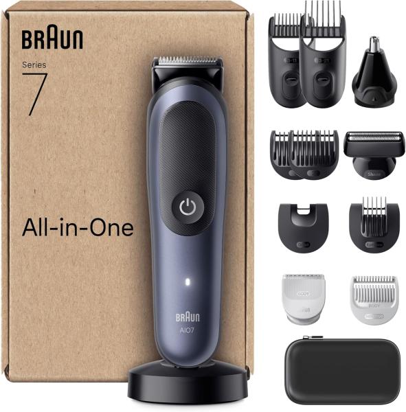 Image Kit Tondeuse Tout-En-Un Braun AIO7565 Series 7 - Lame ProBlade, Technologie AutoSense, 120 Min D'autonomie, Protection SkinGuard - Bleu