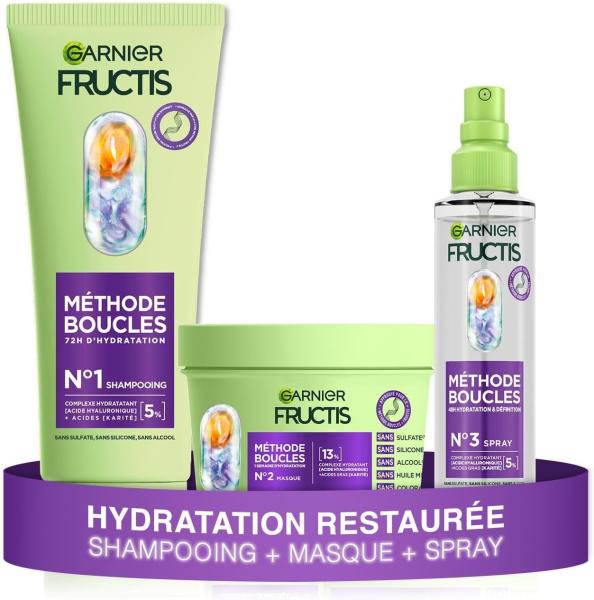 Image Pack GARNIER FRUCTIS - Routine Cheveux Bouclés - Shampooing (200 ml) + Masque (370 ml) + Spray (150 ml)