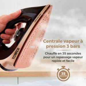 Image Centrale Vapeur Tower T22023GLD - Fer à Repasser CeraGlide avec Bouton Steam Shot - 2700W - Doré et Noir