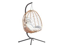 Image LIMA - Fauteuil suspendu en résine effet rotin + 1 grand coussin + 1 coussin repose tête - Naturel ou Gris - 160 kg max