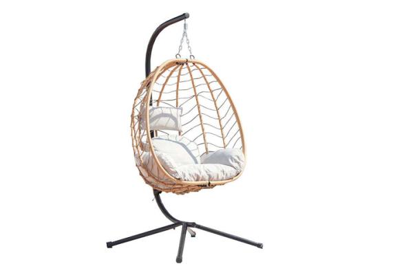 Image LIMA - Fauteuil suspendu en résine effet rotin + 1 grand coussin + 1 coussin repose tête - Naturel ou Gris - 160 kg max
