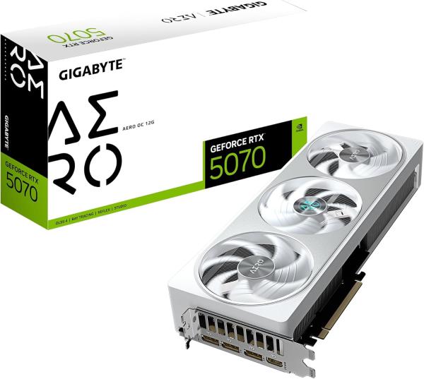 Image Carte graphique Gaming GIGABYTE GeForce RTX 5070 AERO OC 12G - 12Go GDDR7 - NVIDIA DLSS 4 - Blanc - GV-N5070AERO OC-12GD