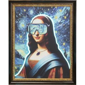 Image Kare Design Lisa - Tableau LED La Joconde - Toile en lin - Cadre en pin massif - 80x100cm - Bleu