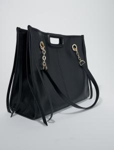 Image Maje Cabas en cuir à Franges Femme - Bandoulière chaîne - 31,5 cm x 37,5 cm x 14,5cm - Noir