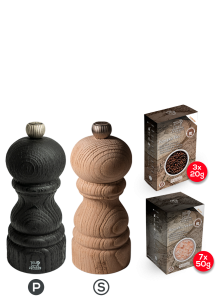Image Pack Peugeot Saveurs Paris Nature Black - Duo de moulins à poivre et à sel en bois upcyclé 12 cm et ses épices