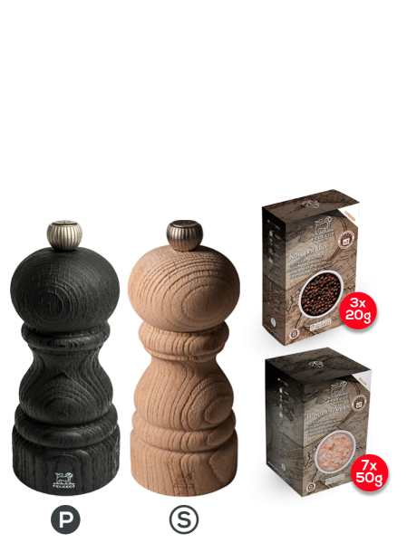 Image Pack Peugeot Saveurs Paris Nature Black - Duo de moulins à poivre et à sel en bois upcyclé 12 cm et ses épices