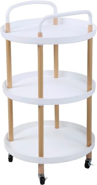 Image Desserte 3 niveaux - Ronde Avec pied imitation bois - Couleur Blanche