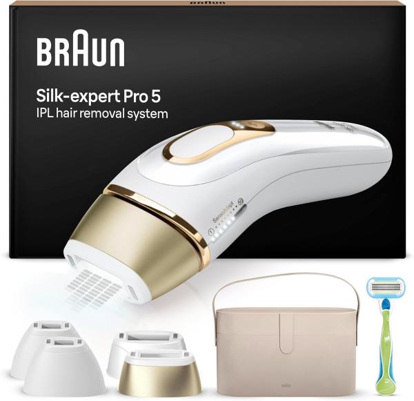 Image Épilateur Braun PL5342 Silk·expert Pro 5 - À Lumière Pulsée - Vanity Case, 4 Têtes et Rasoir Venus, Blanc/Doré