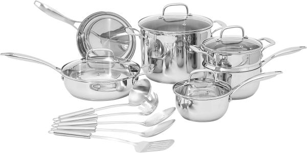 Image Batterie de cuisine Amazon Basics 15 pièces en acier inoxydable – Casseroles, poêles et ustensiles, Argenté