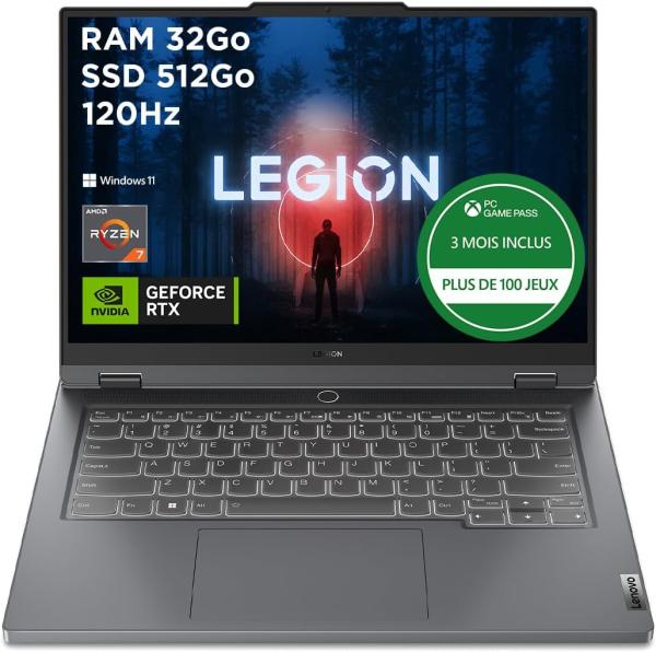 Image PC Portable Gaming 14.5" Lenovo 14APH8 Legion Slim 5 (Ryzen 7, RAM 16Go, SSD 512Go, RTX 4050) - Gris à 1 099,99€