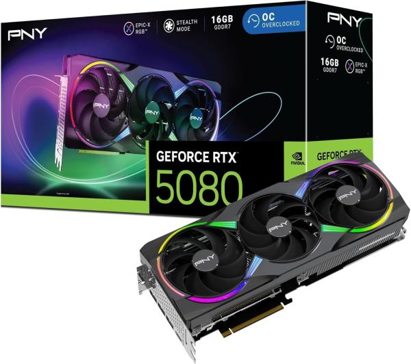 Image Carte Graphique PNY GeForce RTX™ 5080 16GB ARGB OC Triple Fan DLSS4 à 1209,99€