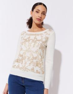 Image Pull Epais Femme Laine Mélangée - Ecru Décoré à 30€