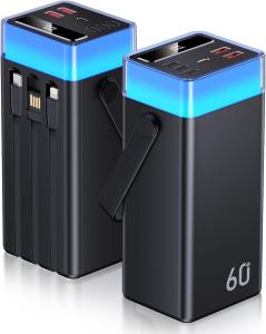Image Powerbank - Batterie Externe 60000mAh Charge Rapide 3 Câble Intégré - Noir Piano à 34,99€