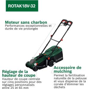 Image Tondeuse à gazon sans fil Bosch ROTAK18V-32 - Vert à 176,99€