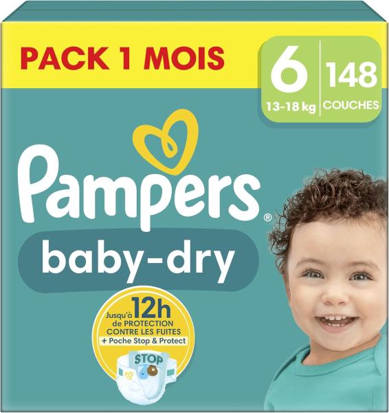Image Pack 148 Couches Pampers Baby-Dry Poche Stop & Protect - Taille 6