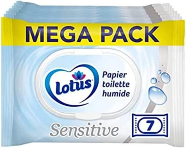 Image Mega Pack de 7 Paquets Papiers Toilettes Humide Lotus Sensitive Sans colorant, ni parfum