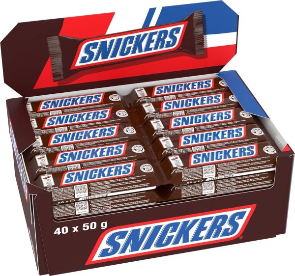 Image Pack Boite de 40 barres individuelles SNICKERS - Barres chocolat au lait fourrées cacahuète et caramel